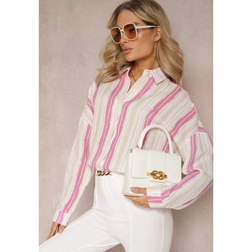 Beżowo-Fuksjowa Casualowa Koszula z Bawełny w Paski Sileata ze sklepu renee.pl w kategorii Koszule damskie - zdjęcie 179886557