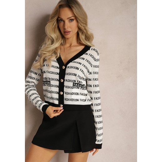 Biało-Czarny Krótki Kardigan z Napisami Fashion i Guzikami Winifa ze sklepu renee.pl w kategorii Swetry damskie - zdjęcie 179886999