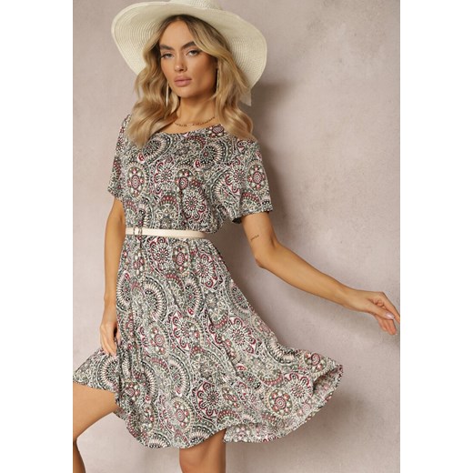 Zielono-Różowa Krótka Sukienka w Stylu Boho z Elastycznej Wiskozy z Krótkimi Rękawami Ailoni ze sklepu renee.pl w kategorii Sukienki - zdjęcie 179887109
