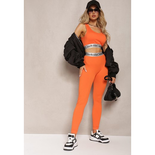 Pomarańczowe Sportowe Legginsy Elastyczne z Ozdobną Szeroką Gumą w Pasie Larnode ze sklepu renee.pl w kategorii Spodnie damskie - zdjęcie 179887558