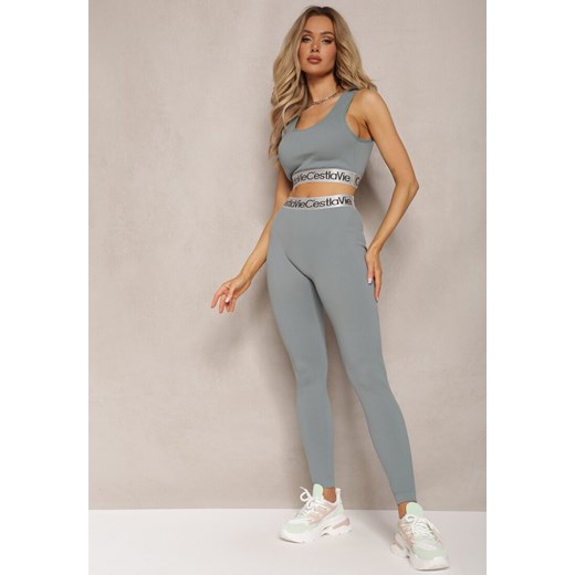 Ciemnozielone Sportowe Legginsy Elastyczne z Ozdobną Szeroką Gumą w Pasie Larnode ze sklepu renee.pl w kategorii Spodnie damskie - zdjęcie 179887617