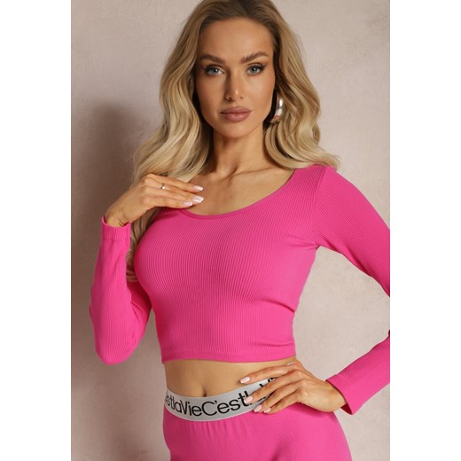 Fuksjowa Dopasowana Bluzka w Prążki o Krótkim Kroju Elowenia Renee ONE SIZE okazja renee.pl