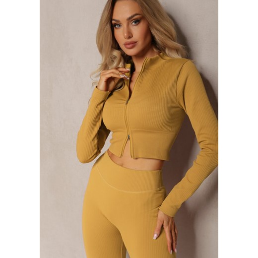 Żółta Prążkowana Bluza o Krótkim Fasonie Dwoma Suwakami Aloue ze sklepu renee.pl w kategorii Bluzy damskie - zdjęcie 179887828