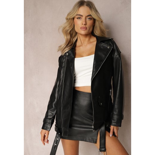 Czarna Oversizowa Kurtka Ramoneska w Motocyklowym Stylu z Ekoskóry Leonidia Renee M wyprzedaż renee.pl