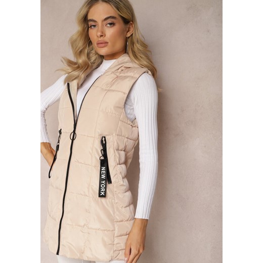 Jasnobeżowa Długa Kamizelka Pikowana z Wysokim Kołnierzem i Kapturem Pansi ze sklepu renee.pl w kategorii Kamizelki damskie - zdjęcie 179888638