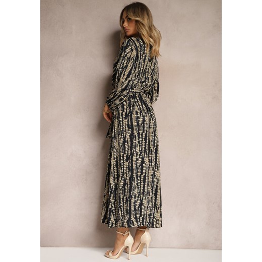Granatowo-Beżowa Długa Kopertowa Sukienka z Abstrakcyjnym Motywem i Paskiem w Renee L renee.pl promocja