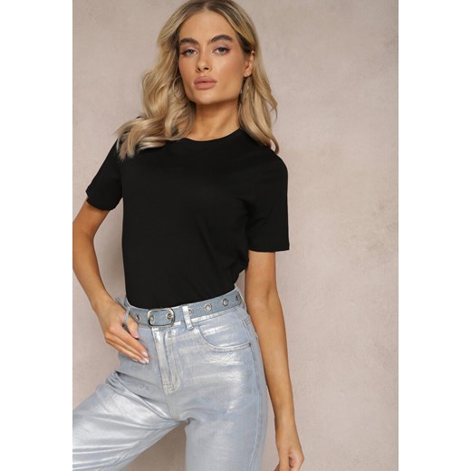 Czarny T-shirt z Krótkim Rękawem z Gładkiej Bawełny Jaellora ze sklepu renee.pl w kategorii Bluzki damskie - zdjęcie 179888758
