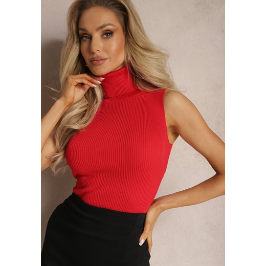 Czerwona Bluzka z Elastycznego Materiału bez Rękawów z Golfem Merdia ze sklepu renee.pl w kategorii Bluzki damskie - zdjęcie 179889226