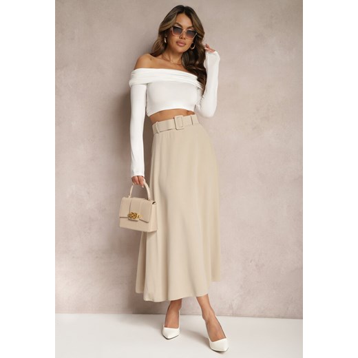 Jasnobeżowa Rozkloszowana Spódnica Maxi z Paskiem i Klamrą Adlirca ze sklepu renee.pl w kategorii Spódnice - zdjęcie 179889369
