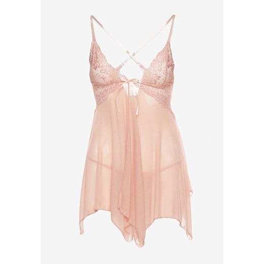 Beżowa Koronkowa Koszula Nocna na Ramiączkach z Kokardką i Stringi Jindra Renee ONE SIZE wyprzedaż renee.pl