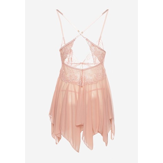 Beżowa Koronkowa Koszula Nocna na Ramiączkach z Kokardką i Stringi Jindra Renee ONE SIZE promocyjna cena renee.pl