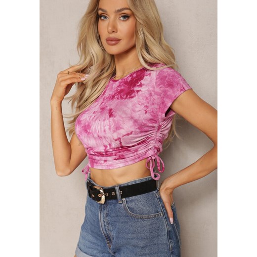 Fuksjowy Wiskozowy T-shirt ze Wzorem Tie-Dye z Wiązaniami po Bokach Iriandella ze sklepu renee.pl w kategorii Bluzki damskie - zdjęcie 179890019