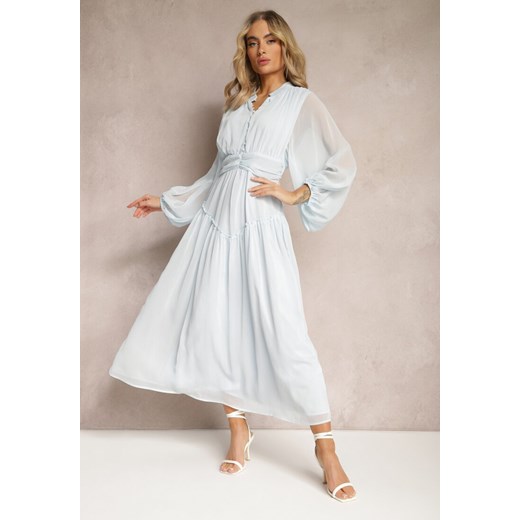 Jasnoniebieska Elegancka Sukienka w Stylu Vintage z Powlekanymi Guzikami i Marszczeniami Lefandia ze sklepu renee.pl w kategorii Sukienki - zdjęcie 179890389