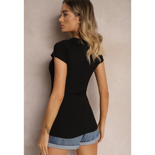 Czarna Bluzka z Bawełny Prążkowana Ozdobiona Cyrkoniami na Wycięciu przy Renee ONE SIZE renee.pl promocja