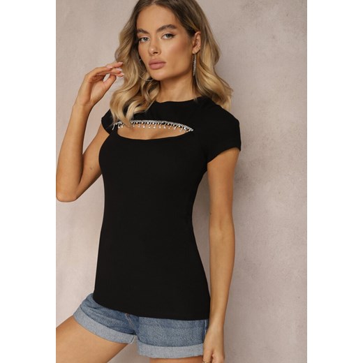 Czarna Bluzka z Bawełny Prążkowana Ozdobiona Cyrkoniami na Wycięciu przy Renee ONE SIZE promocja renee.pl