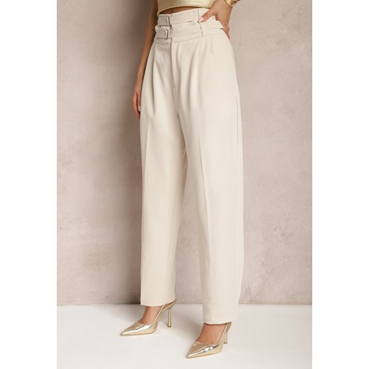 Beżowe Spodnie Garniturowe High Waist z Dwoma Paskami Ismera ze sklepu renee.pl w kategorii Spodnie damskie - zdjęcie 179891607