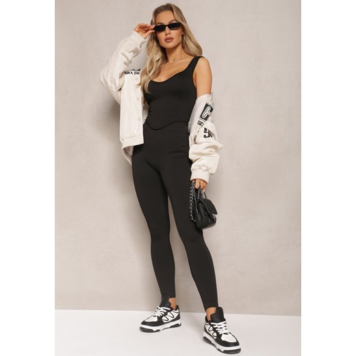 Czarny Komplet Sportowy w Prążki Top na Ramiączkach i Legginsy High Waist Izralia ze sklepu renee.pl w kategorii Komplety i garnitury damskie - zdjęcie 179891689