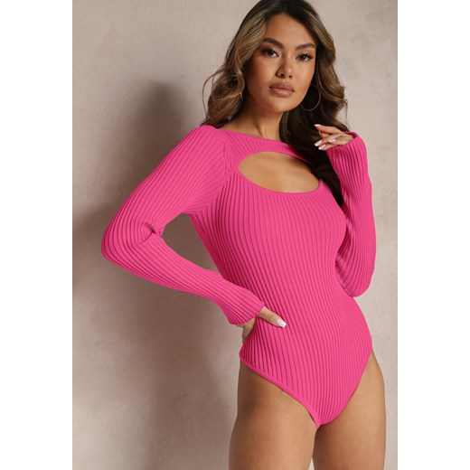 Fuksjowe Body Prążkowane z Wycięciem na Dekolcie Kisse ze sklepu renee.pl w kategorii Bluzki damskie - zdjęcie 179892809