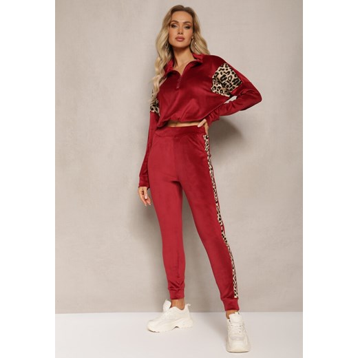 Bordowy Komplet Dresowy z Weluru z Krótką Bluzą i Spodniami Joggerami z Panterkowym Wzorem Limitta ze sklepu renee.pl w kategorii Dresy damskie - zdjęcie 179892988