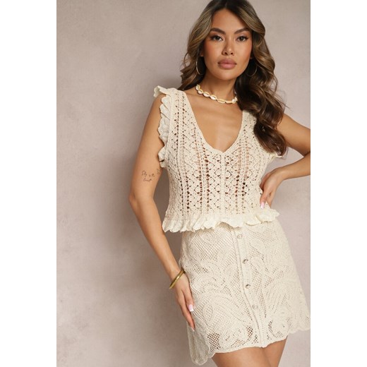 Beżowa Bawełniana Kamizelka Top Boho z Ażurowymi Wycięciami Norafia Renee ONE SIZE wyprzedaż renee.pl