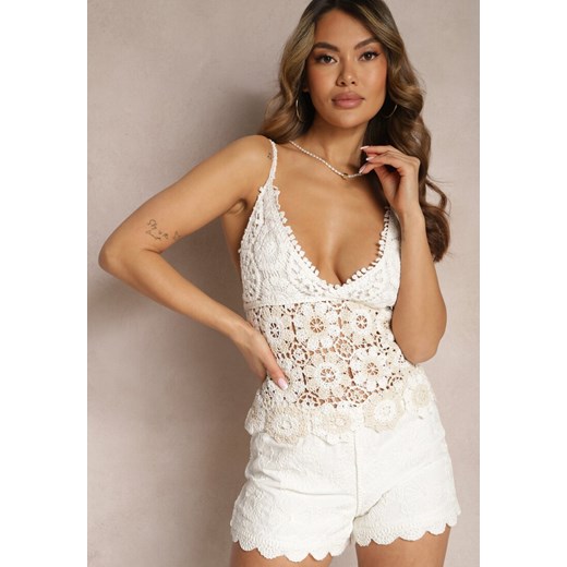 Beżowy Bawełniany Top z Ażurowej Koronki w Stylu Boho Yaniva ze sklepu renee.pl w kategorii Bluzki damskie - zdjęcie 179893706