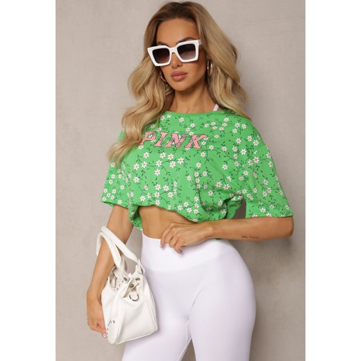 Zielony Oversize T-shirt Krótki z Bawełny Ozdobiony Napisem i Printem Dawene ze sklepu renee.pl w kategorii Bluzki damskie - zdjęcie 179893936