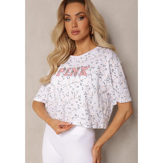 Biały Oversize T-shirt Krótki z Bawełny Ozdobiony Napisem i Printem Dawene Renee L okazja renee.pl