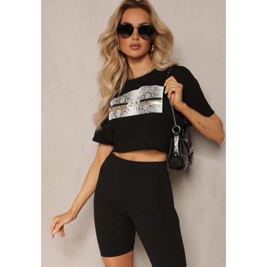 Czarny T-shirt z Bawełny Ozdobiony Nadrukiem na Przodzie Katrielle ze sklepu renee.pl w kategorii Bluzki damskie - zdjęcie 179894686