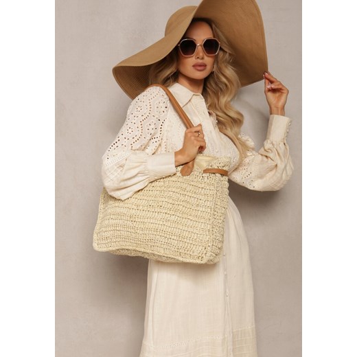 Jasnobeżowa Pleciona Torebka o Dużym Fasonie Tote w Stylu Boho Emerria ze sklepu renee.pl w kategorii Torby letnie - zdjęcie 179895366