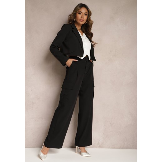 Czarne Szerokie Spodnie High Waist w Eleganckim Stylu z Kieszeniami Cargo Dekanna ze sklepu renee.pl w kategorii Spodnie damskie - zdjęcie 179895449