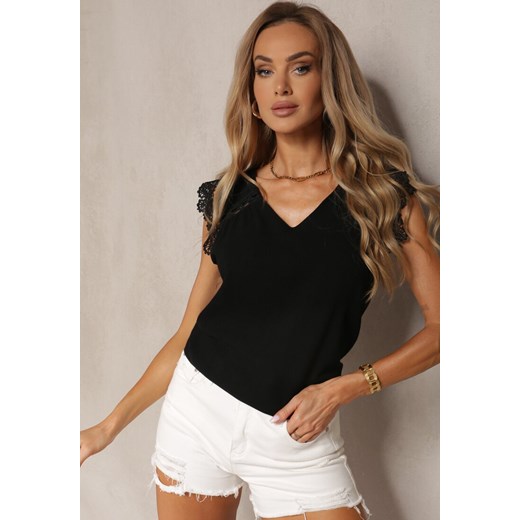 Czarny Klasyczny T-shirt Wykończony Koronką z Krótkim Rękawem i Dekoltem w V Pevita ze sklepu renee.pl w kategorii Bluzki damskie - zdjęcie 179895947
