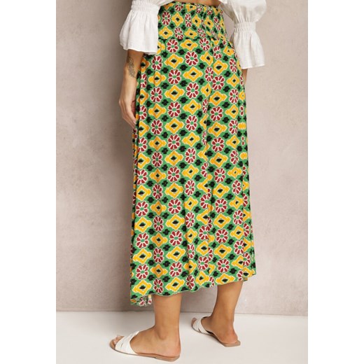 Żółto-Zielone Szerokie Spodnie Culottes z Bawełnianej Tkaniny w Mozaikowy Wzór Renee L promocyjna cena renee.pl