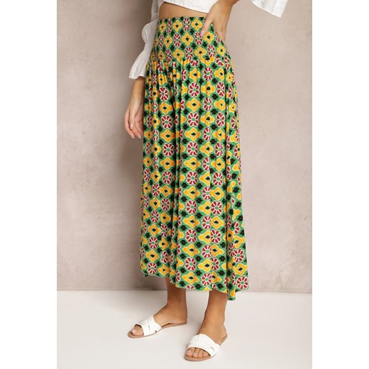 Żółto-Zielone Szerokie Spodnie Culottes z Bawełnianej Tkaniny w Mozaikowy Wzór Renee M wyprzedaż renee.pl