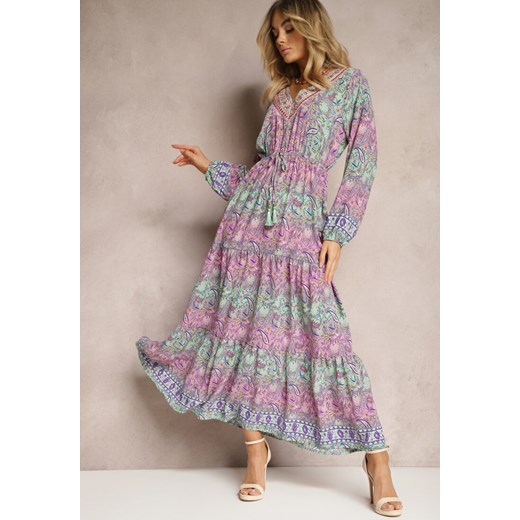 Różowa Sukienka z Dekoltem w V o Rozkloszowanym Fasonie w Print Paisley Akka ze sklepu renee.pl w kategorii Sukienki - zdjęcie 179896918