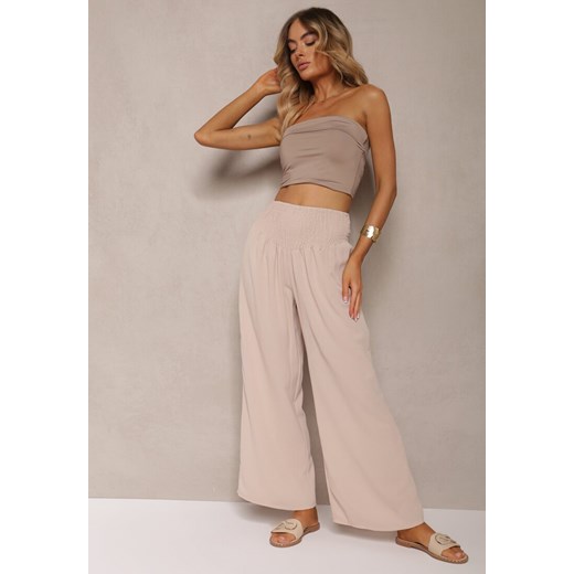 Beżowe Spodnie Kuloty High Waist z Gumką w Talii Lipadre ze sklepu renee.pl w kategorii Spodnie damskie - zdjęcie 179897145