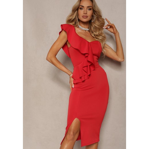Czerwona Dopasowana Sukienka Wieczorowa z Falbanką na Jedno Ramię Venalia Renee M okazja renee.pl