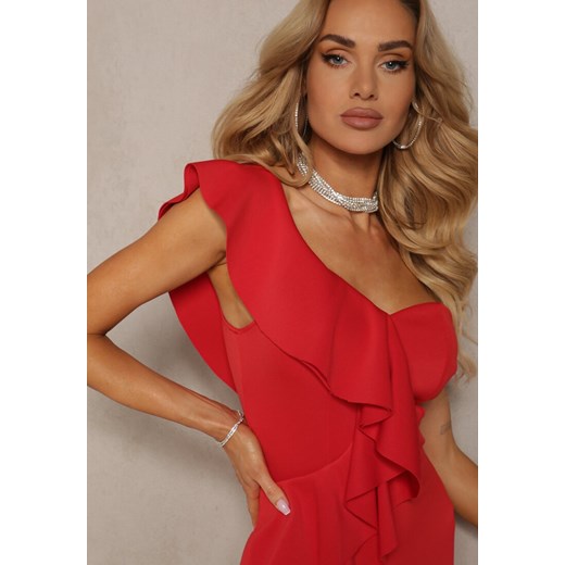 Czerwona Dopasowana Sukienka Wieczorowa z Falbanką na Jedno Ramię Venalia Renee S okazja renee.pl