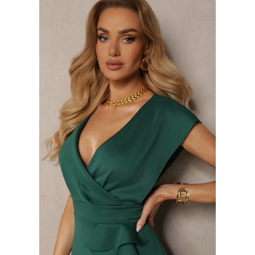 Sukienka Renee maxi z krótkim rękawem elegancka asymetryczna z dekoltem v 