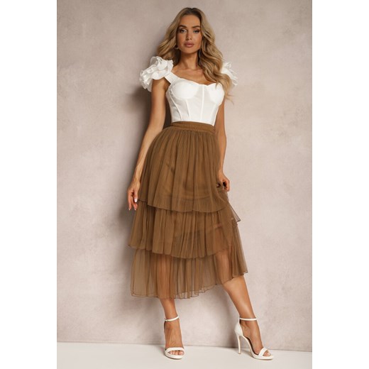 Brązowa Tiulowa Spódnica Rozkloszowana z Plisowaniem High Waist Eveleena ze sklepu renee.pl w kategorii Spódnice - zdjęcie 179898617