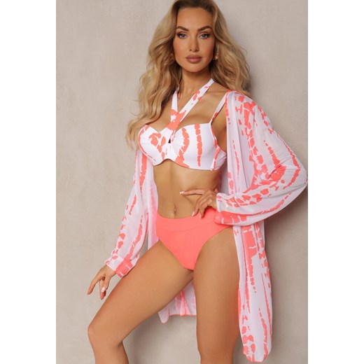 Pomarańczowo-Białe Bikini z Ozdobnym Biustonoszem i Plażową Narzutką w Komplecie Mayamarie ze sklepu renee.pl w kategorii Stroje kąpielowe - zdjęcie 179898906