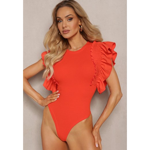 Pomarańczowe Eleganckie Body z Bawełny z Zapięciem na Napy Wykończone Falbankami Iilines ze sklepu renee.pl w kategorii Bluzki damskie - zdjęcie 179899377