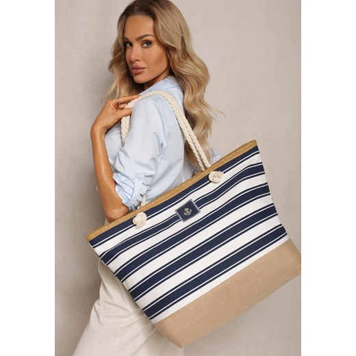Beżowo-Granatowa Jednokomorowa Torebka Shopperka na Ramię Ozdobiona Plecionką i Sznurkami Renneli ze sklepu renee.pl w kategorii Torby Shopper bag - zdjęcie 179899985