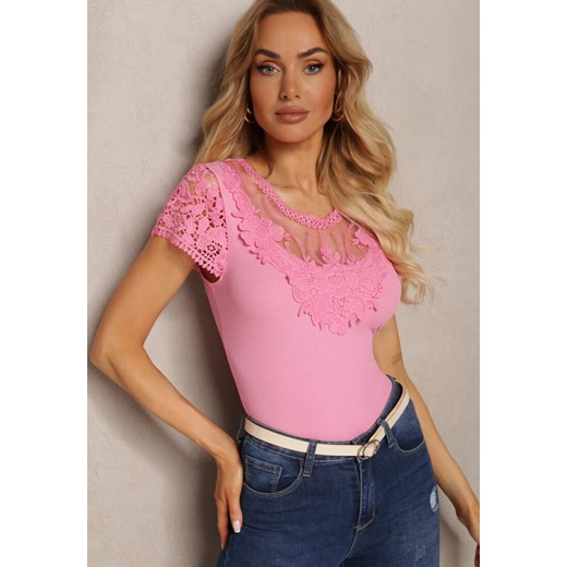 Różowy T-shirt Ozdobiony Koronkowymi Wstawkami Brines Renee M promocja renee.pl