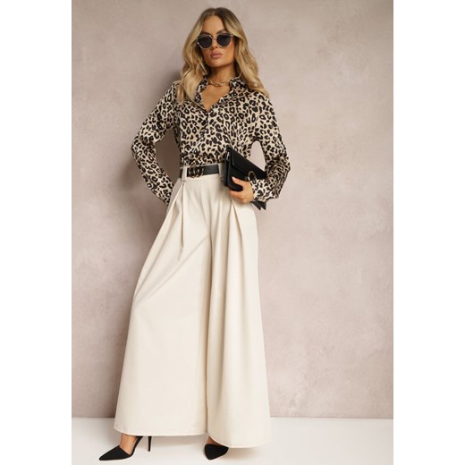 Beżowe Spodnie High Waist z Szerokimi Nogawkami i Paskiem Brillara ze sklepu renee.pl w kategorii Spodnie damskie - zdjęcie 179900446