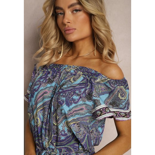 Niebieska Sukienka Hiszpanka z Bawełnianej Tkaniny we Wzór Paisley Arissela Renee 3XL wyprzedaż renee.pl