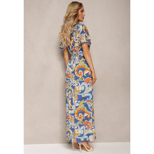 Niebieska Rozkloszowana Sukienka z Bawełny o Kopertowym Kroju w Print Paisley Renee M promocja renee.pl