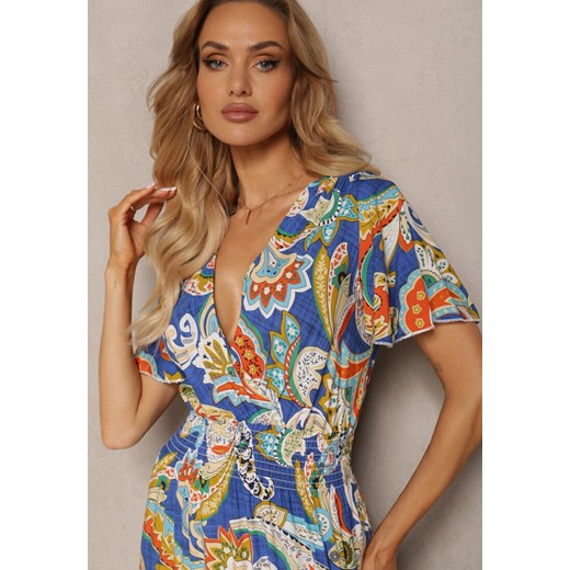Niebieska Rozkloszowana Sukienka z Bawełny o Kopertowym Kroju w Print Paisley Renee L renee.pl wyprzedaż