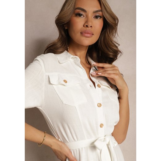 Biała Wiskozowa Sukienka z Lnem i Guzikami oraz Krótkim Rękawem Ozdobiona Renee S wyprzedaż renee.pl