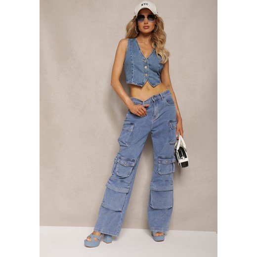 Niebieskie Spodnie High Waist z Szerokimi Nogawkami i Wieloma Kieszeniami Relada ze sklepu renee.pl w kategorii Jeansy damskie - zdjęcie 179901775