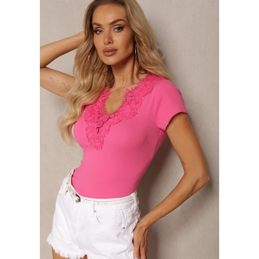 Fuksjowy T-shirt z Bawełny z Krótkim Rękawem i Ozdobną Koronką przy Dekolcie Comelina ze sklepu renee.pl w kategorii Bluzki damskie - zdjęcie 179902306
